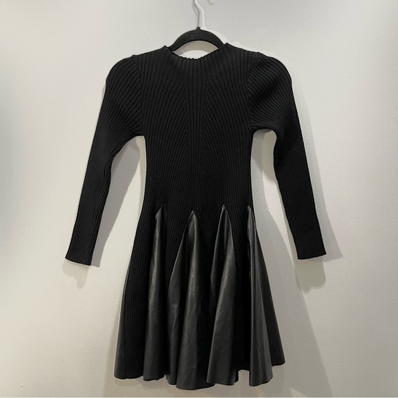 Black Mock Neck Rib Knit Stretch Long Sleeve A Line Faux Leather Mini Dress - Picture 5 of 7